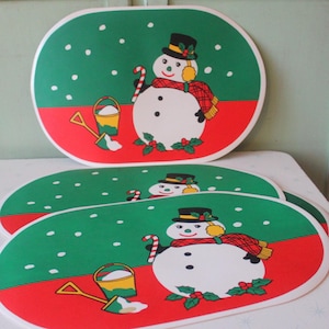 Vintage 1980s Vinyl Snowman Christmas Placemats - Set of 4