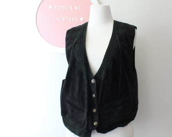 1980s GENUINE LEATHER Chic Vest.top. 80s clothing. summer. festival. hipster. costume. hippie. boho. black leather. woodstock. large womens.