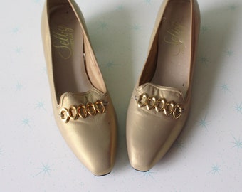 1980s Selby Gold Leather Loafers - Size 7 Womens Oxfords