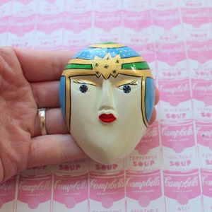 Vintage Wooden Woman Face Brooch: Theater Costume Pin