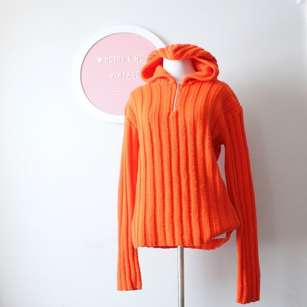 90s Hooded Orange Zip Up Sweater.....new wave. hip. rad. colorful. bright. retro. unisex. 1980s sweater. rad. cardigan. hipster. designer