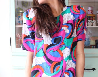 Vintage Rainbow Bright 80s Abstract Blouse..medium. mod. costume. blouse. womens. ladies. vintage blouse. flowy top. soho. fancy