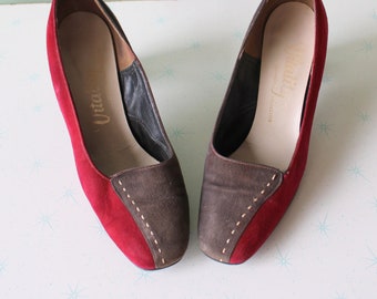 1960s Mid Century Two Toned Leather Heels.....size 7 womens.....red leather. suede. mod. 60s heels. pumps. cranberry. fancy. formal. retro