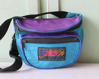 Vintage 1980s Teal Blue Purple Rad Fanny Pack.....retro accessories. 1980s glam. bag. unisex. travel. 80s accessories. purse. carry on. hike
