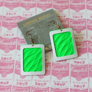 1980s Neon Green Dangle Earrings: Geometric Costume Jewelry