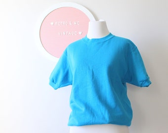 90s  Teal Crop Sweatshirt: Boho Slouchy Top, Size Small