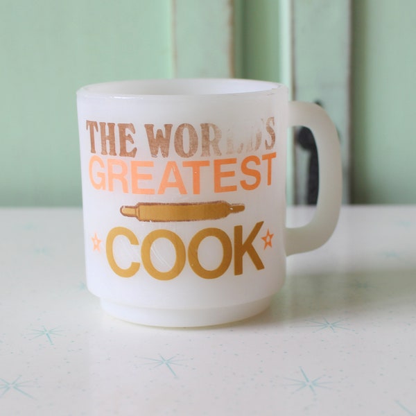 1980s GREATEST COOK.....retro mug. coffee mug. kitsch. cooking. drink. serve. retro housewares. gift for him. gift for her. chef. milk glass