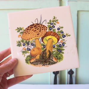 Puede incluir: Un azulejo de cerámica vintage con un diseño de setas y arándanos. El azulejo presenta tres setas con sombreros marrones y amarillos y tallos verdes. Las setas están rodeadas de hojas verdes y arándanos azules.