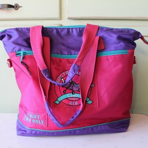 Vintage 1980s Teal Pink Purple Rad Tote Luggage Overnight Bag.....retro accessories. diaper bag. unisex. travel. purse. carry on. vtg 80s