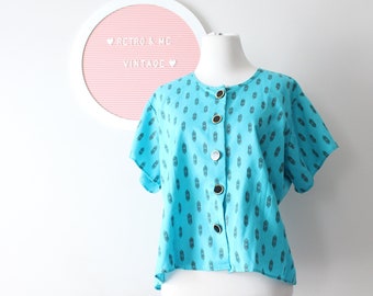 1980s  Teal Crop Top: Boho Button-Up Blouse, Large