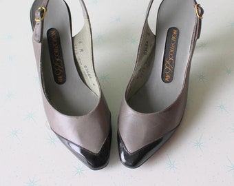 1980s Stiletto Slingback Absatz in Grau & Schwarz - Größe 38