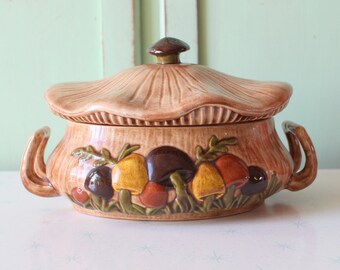 Seltene 1970er Jahre Vorratsdose mit Pilzen: Retro-Kitsch