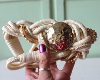 1980s Braided Rope Belt: Gold Metal & Pearl, Size Medium