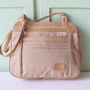 1960s 1970s Vintage Canvas Tote Purse.....travel. retro accessories. librarian. tan. unisex. clutch. shoulder bag. mod. book bag. carry on