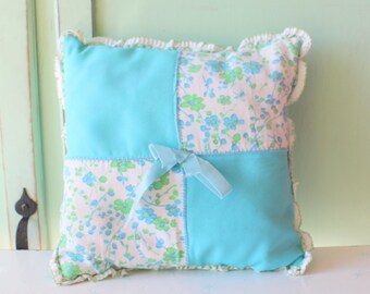1980s Vintage Ruffled Floral Ribbon Shabby Chic Dainty Throw Pillow....bedding. couch. girls. kitsch. wedding. blue. lace. housewarming gift