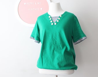 1980s Green Striped Sailor Top....USA. 1980s clothing. summer. colorful. hipster. costume. hippie. boho. small. bright. prep. nautical. navy