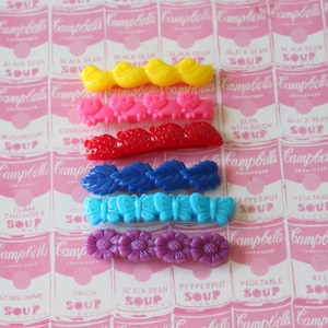 Vintage 1980s Hair Barrettes: Rainbow Animal & Floral Clips - Set of 6