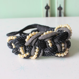 1980s Braided Rope Belt: Black, Gold & Pearl - Medium