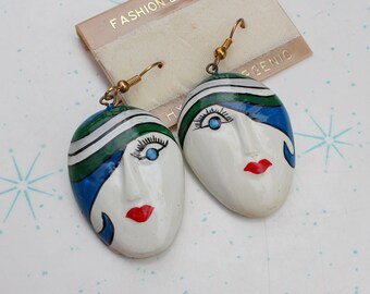 Vintage THEATER Earrings...retro. earrings. dangly. pierced ears. drama. theater. clown. circus. weird. kitsch. new old stock. NOS