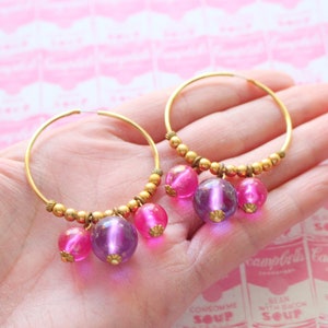 1980s Vintage Beaded Hoop Earrings: Pink Purple Gems