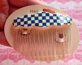 Vintage 1980s Checkered Hair Comb Barrette - Made in France