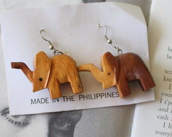 80s Vintage ELEPHANT Earrings....wood. pierced ears. kitsch. retro. safari. animal lover. zebra jewelry. zoo animals. safari jewelry