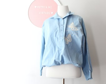 1980s Butterfly Top: Vintage Cotton Embroidered Blouse (M/L)