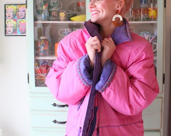 1980s Purple & Pink Puffer Jacket: Retro Snow Coat, Unisex Large