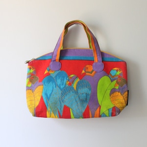 Vintage LAURAL BURCH Handbag....rainbow. groovy. bird lady. retro accessories. 1980s. 1990s handbag. purse. tote bag. parrot. fabric. hippie