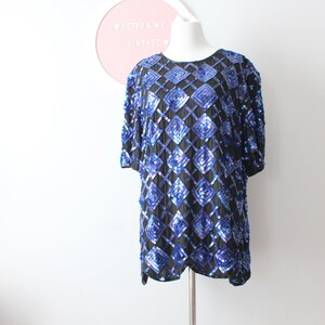 1980s Vintage Sequin Top: Blue & Black Silk Beaded Blouse