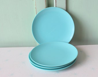 Vintage ATOMIC Retro Set of 4.....bright. 1970s. 1960s. kitsch. serving. plates. stackable. made in usa. melmac. dessert. blue. garden. mod