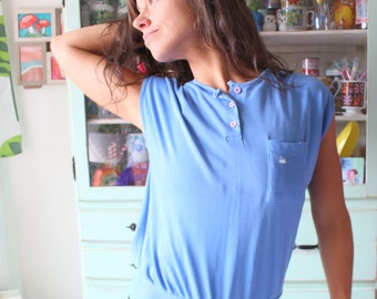 1980s  Blue Crop Top: Boho Slouchy Sweatshirt (Size Small/Medium)