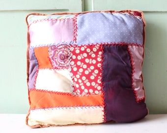 1970s Vintage Patchwork Throw Pillow: Ruffled Square Accent