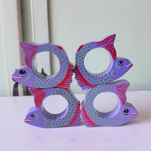 Vintage Wooden Tropical FISH Retro Napkin Holder Rings Set....purple. pink. bright. 1980s. 1990s. kitsch. serving. napkin. mod. fish decor