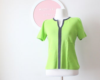 1990s Lime Green V-Neck Sweater: Retro Short Sleeve Blouse, Small
