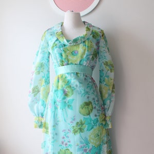 1960s Floral Chiffon Maxi Dress: Vintage Mod Sundress, Size Small