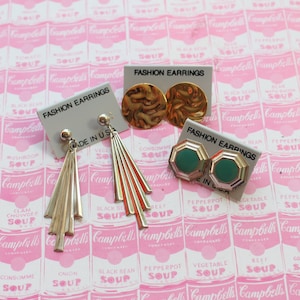 1980s Retro Earring Set: Golden, Teal, Pink Costume Clip Ons