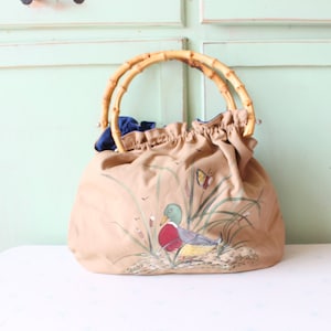 Vintage 1970s Duck Print Handbag with Bamboo Handle
