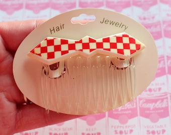 Vintage 1980s Checkered Hair Bow Barrette: Retro Glam Accessory