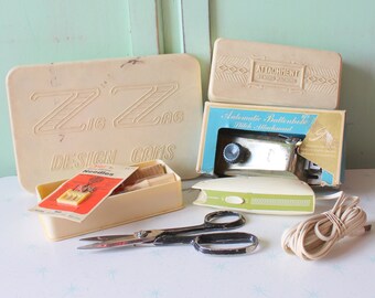 1970s Mid Century White Sewing Set: Scissors, Thread, and More