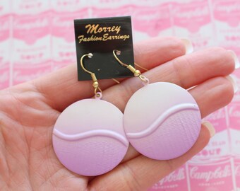 1980s Purple Round Dangle Earrings: Kitsch Retro Glam