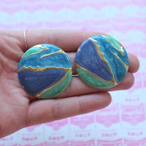 1980s Colorful Earrings.green blue. swirl. huge. retro. kitsch. glam earrings. indie. aztec. gem. huge. pierced ears. 1980s glam. NOS