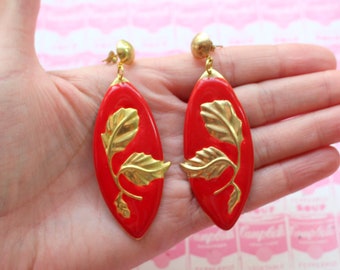 1980s Red and Golden Earrings......costume. 1980s glam. sexy. killer 80s. rad. rocker. punk. indie. hipster. oval. geometric. red. valentine