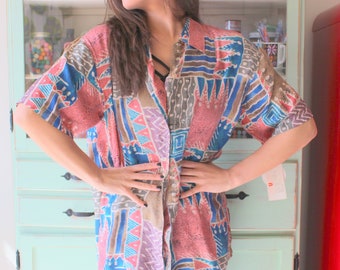 Silk Abstract Blouse: 80s-90s Mod Style, M/L