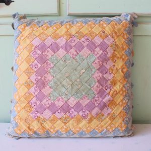 Vintage Floral Patchwork Throw Pillow: 1980s Country Cottage Decor
