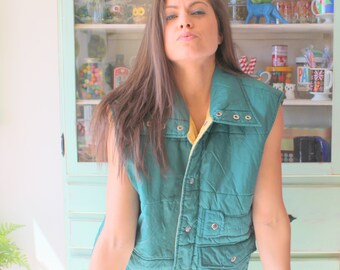 1980s Green Nylon Winter Vest: Unisex Retro XL
