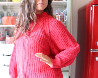 1980s Cherry Red Ramie Blend Turtleneck Sweater - Size Large