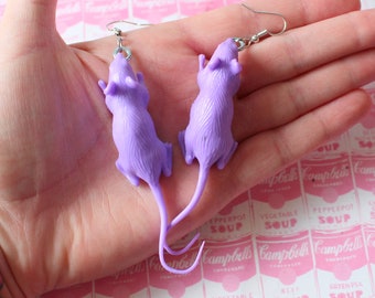 The RAT Earrings....purple rat. spooky. halloween. novelty. weird. creepy. retro. goth. freaky. rodent. plastic toy. rat earrings. mouse