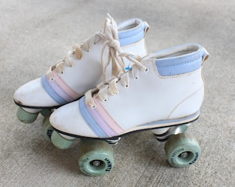 Vintage 1970s Roller Skates: White & Pastel Rink Skates (Size 6 est.)