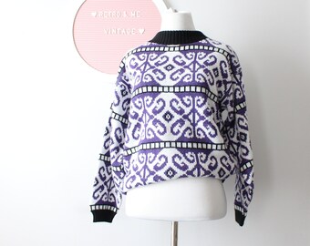 1980s Geometric Acrylic Sweater - Purple & Black - Unisex Small